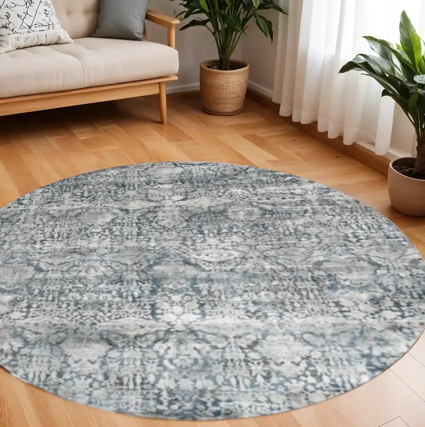 Teal And Ivory Floral Round Rug Photo 1
