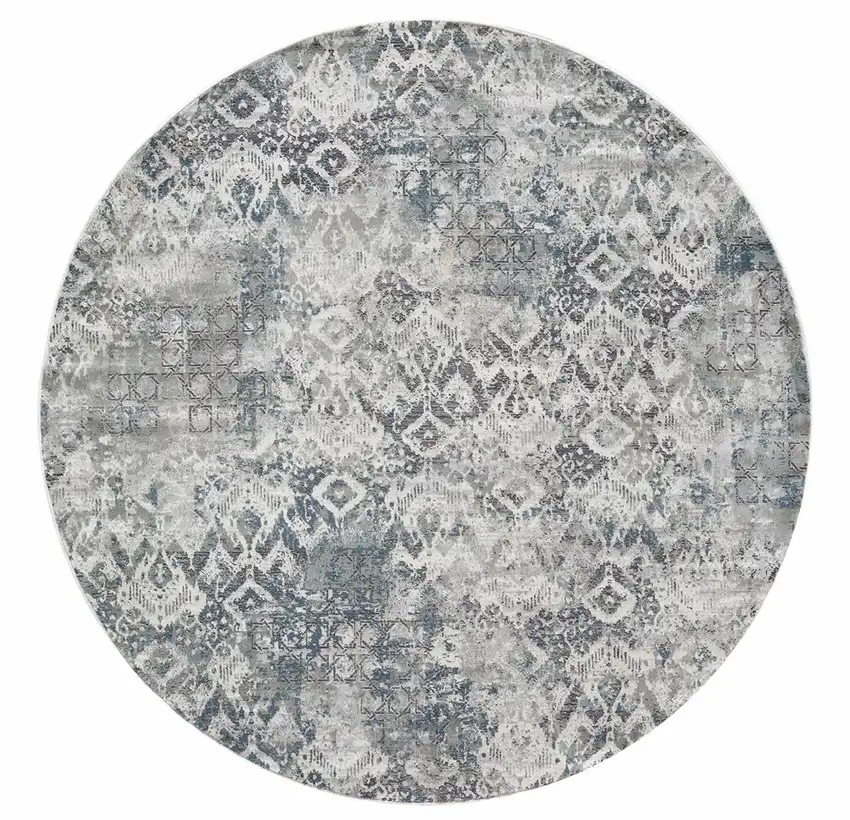 Ivory Gray And Teal Medallion Round Rug Photo 2