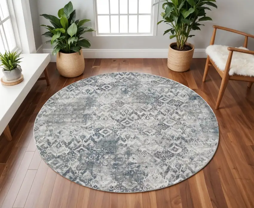 Ivory Gray And Teal Medallion Round Rug Photo 1