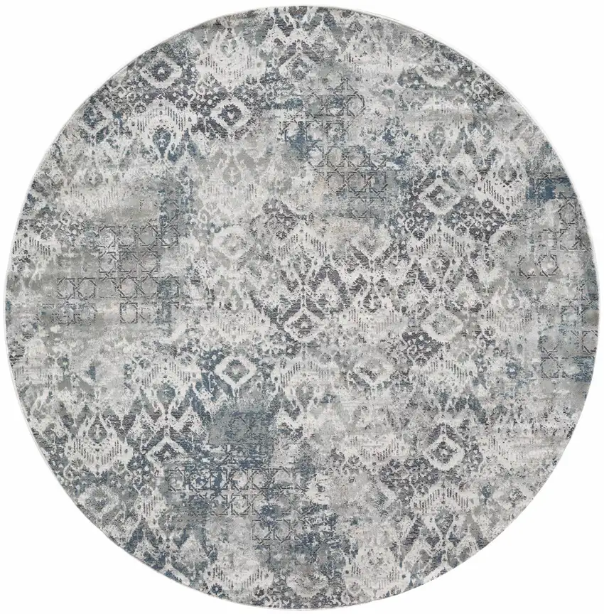 Ivory Gray And Teal Medallion Round Rug Photo 4