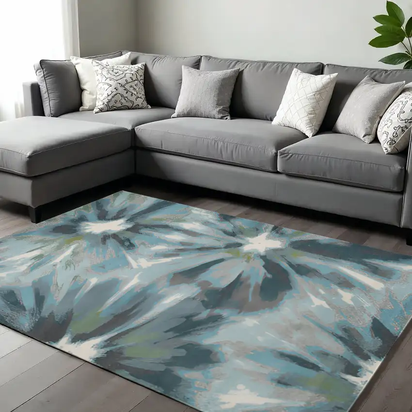 Teal Ivory And Gray Floral Area Rug Photo 2