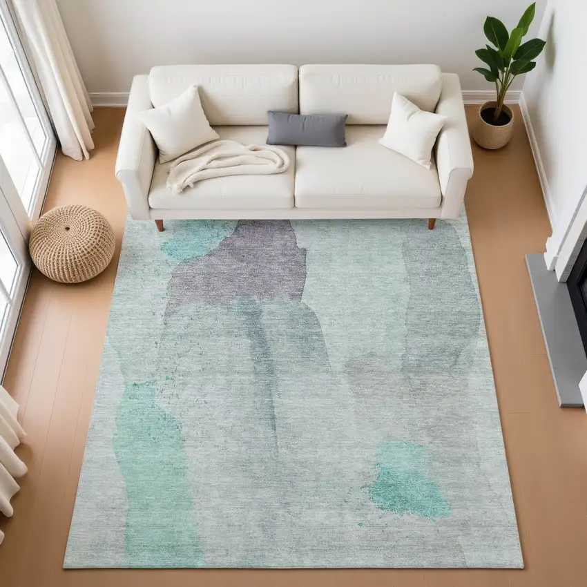 Teal Purple And Gray Abstract Washable Area Rug With UV Protection Photo 4
