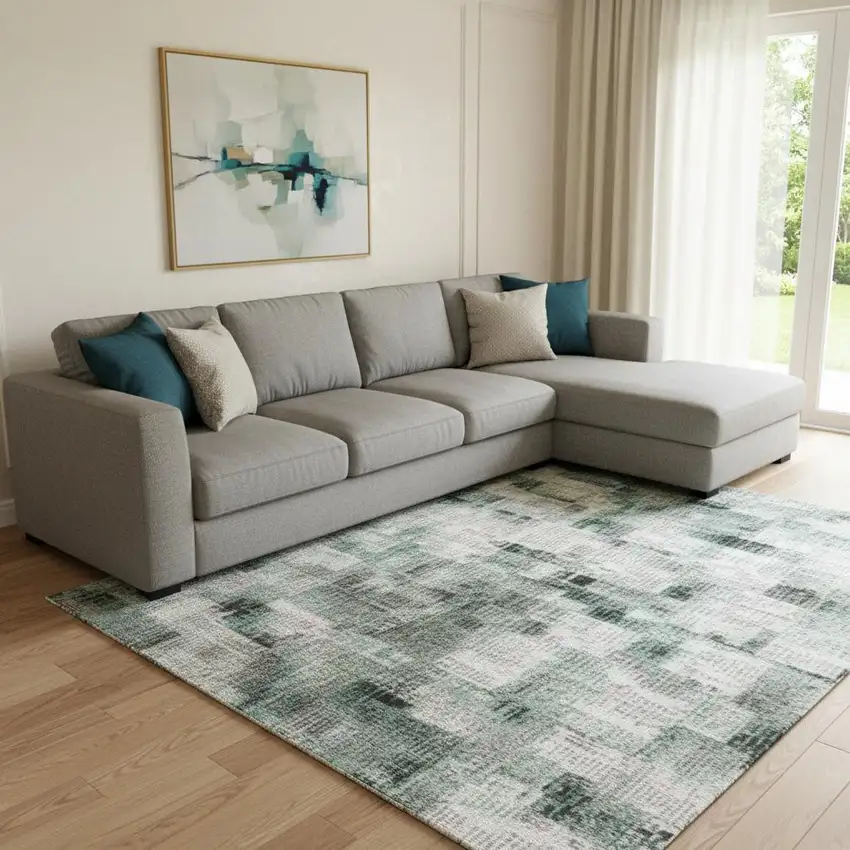 Teal Purple And Gray Abstract Washable Area Rug With UV Protection Photo 2