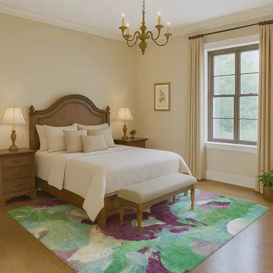 Teal Purple And Green Abstract Washable Area Rug With UV Protection Photo 5