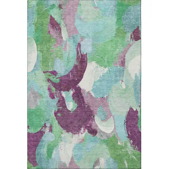Teal Purple And Green Abstract Washable Area Rug With UV Protection Photo 3