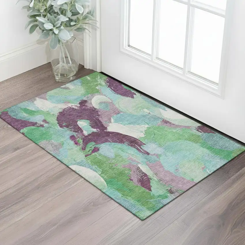 Teal Purple And Green Abstract Washable Area Rug With UV Protection Photo 2