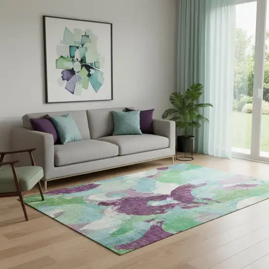 Teal Purple And Green Abstract Washable Area Rug With UV Protection Photo 2