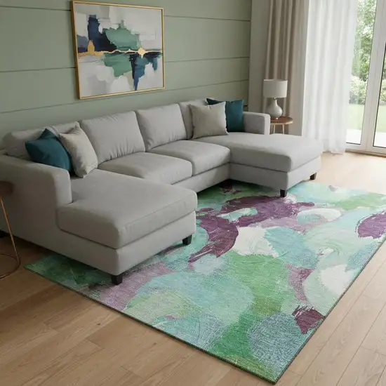 Teal Purple And Green Abstract Washable Area Rug With UV Protection Photo 2