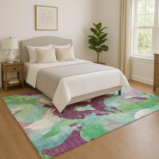 Teal Purple And Green Abstract Washable Area Rug With UV Protection Photo 3