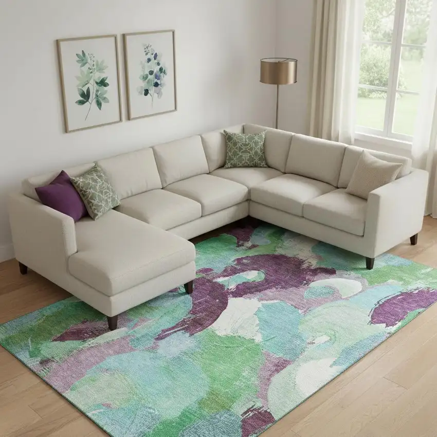 Teal Purple And Green Abstract Washable Area Rug With UV Protection Photo 2