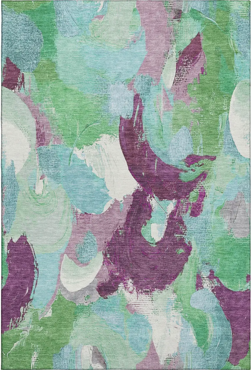 Teal Purple And Green Abstract Washable Area Rug With UV Protection Photo 1