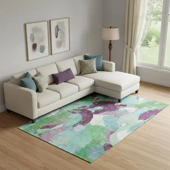 Teal Purple And Green Abstract Washable Area Rug With UV Protection Photo 2