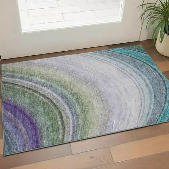 Teal Purple And Green Ombre Washable Area Rug With UV Protection Photo 2