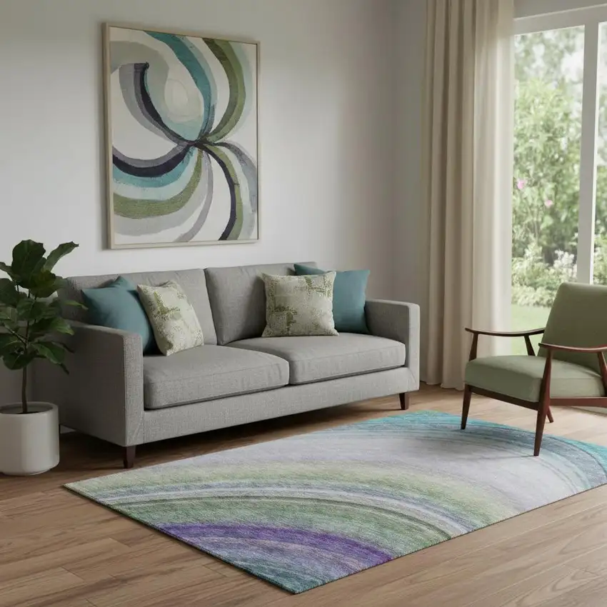 Teal Purple And Green Ombre Washable Area Rug With UV Protection Photo 1