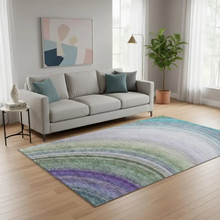 Teal Purple And Green Ombre Washable Area Rug With UV Protection Photo 2