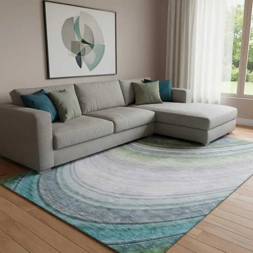 Teal Purple And Green Ombre Washable Area Rug With UV Protection Photo 1