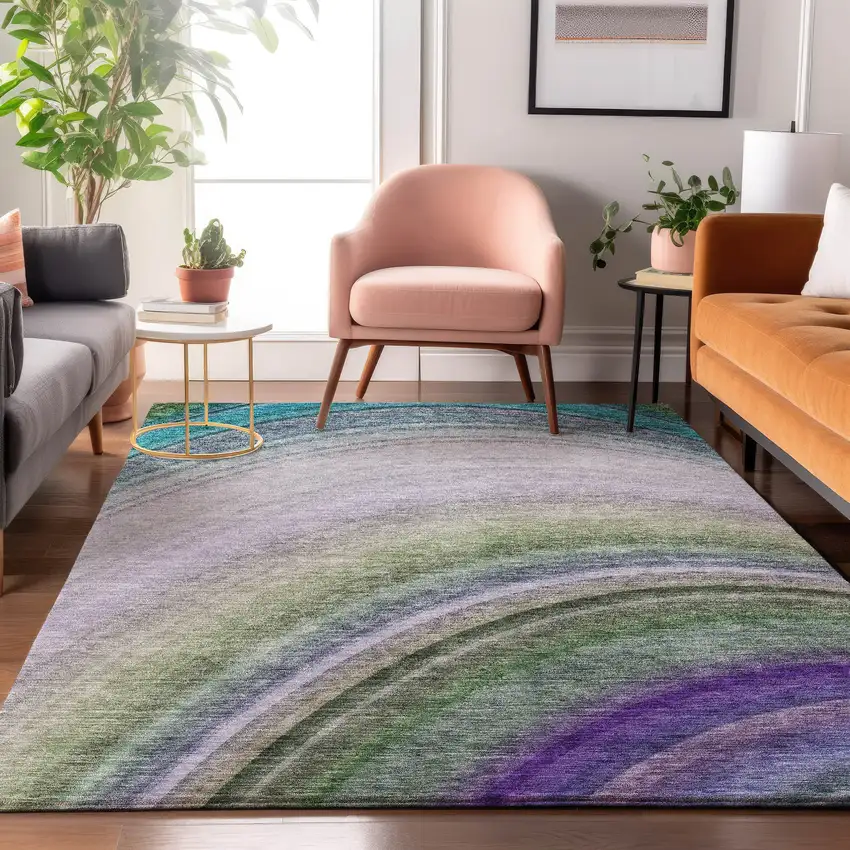 Teal Purple And Green Ombre Washable Area Rug With UV Protection Photo 5