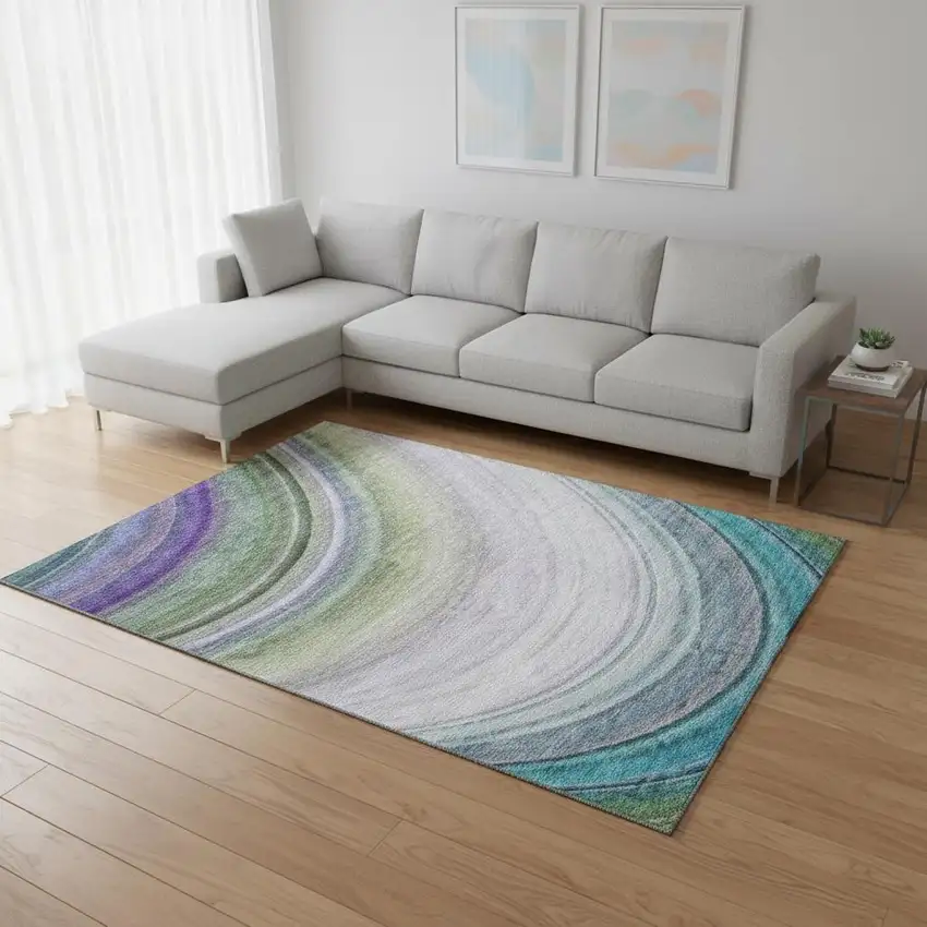Teal Purple And Green Ombre Washable Area Rug With UV Protection Photo 2