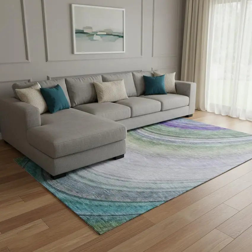 Teal Purple And Green Ombre Washable Area Rug With UV Protection Photo 1