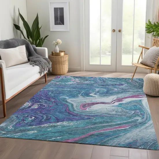 Teal Purple And Ivory Abstract Washable Area Rug With UV Protection Photo 4