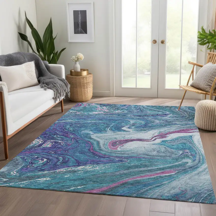 Teal Purple And Ivory Abstract Washable Area Rug With UV Protection Photo 4