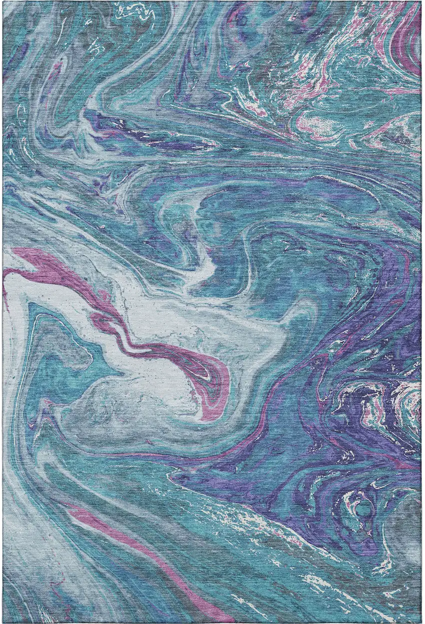 Teal Purple And Ivory Abstract Washable Area Rug With UV Protection Photo 2