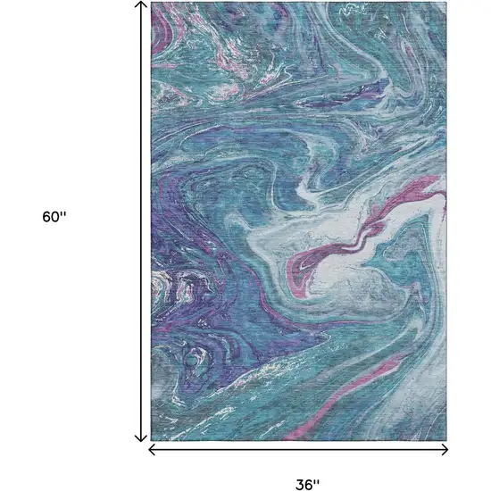 Teal Purple And Ivory Abstract Washable Area Rug With UV Protection Photo 9
