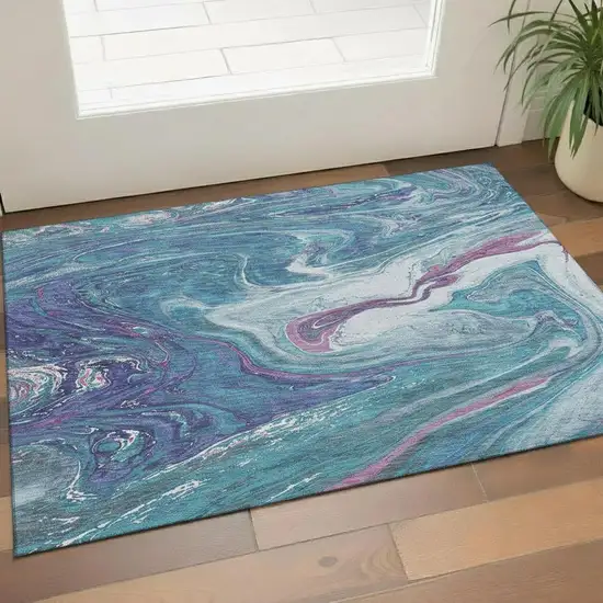 Teal Purple And Ivory Abstract Washable Area Rug With UV Protection Photo 2