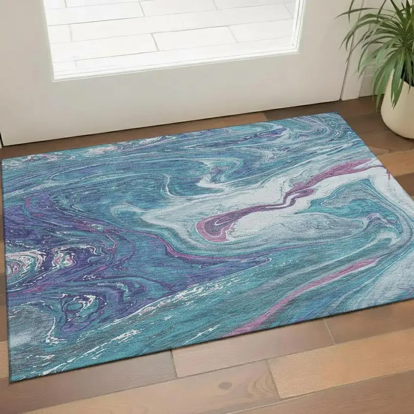 Teal Purple And Ivory Abstract Washable Area Rug With UV Protection Photo 2