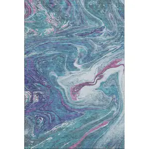 Photo of Teal Purple And Ivory Abstract Washable Area Rug With UV Protection
