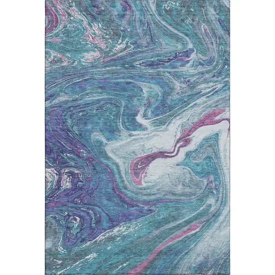 Teal Purple And Ivory Abstract Washable Area Rug With UV Protection Photo 1