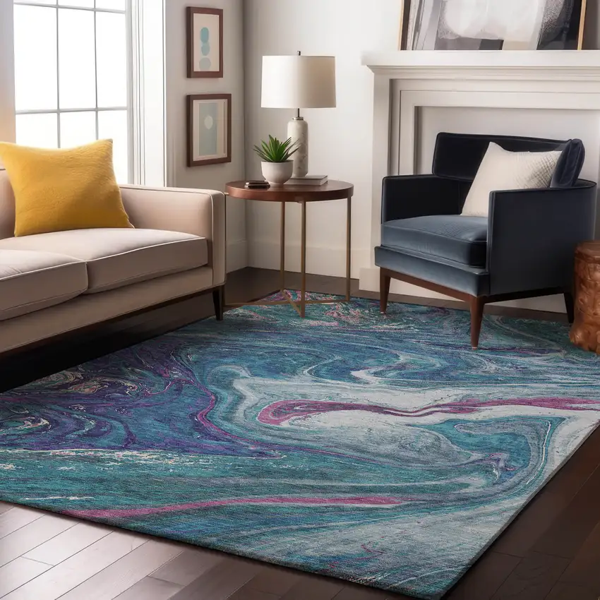 Teal Purple And Ivory Abstract Washable Area Rug With UV Protection Photo 4