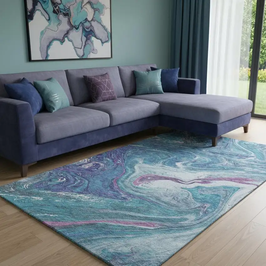 Teal Purple And Ivory Abstract Washable Area Rug With UV Protection Photo 2