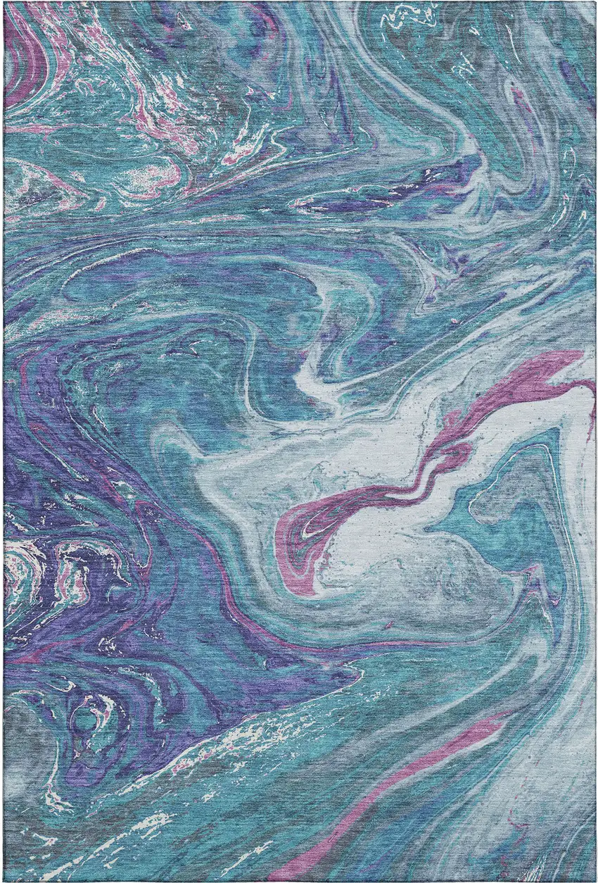 Teal Purple And Ivory Abstract Washable Area Rug With UV Protection Photo 1