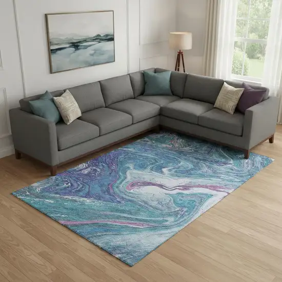 Teal Purple And Ivory Abstract Washable Area Rug With UV Protection Photo 2