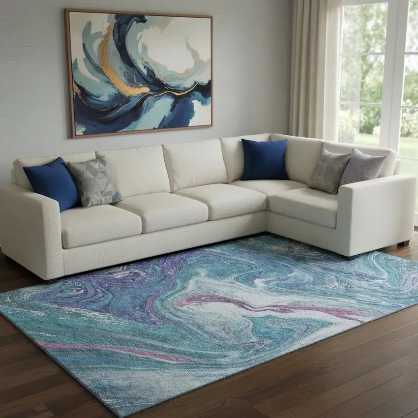 Teal Purple And Ivory Abstract Washable Area Rug With UV Protection Photo 2