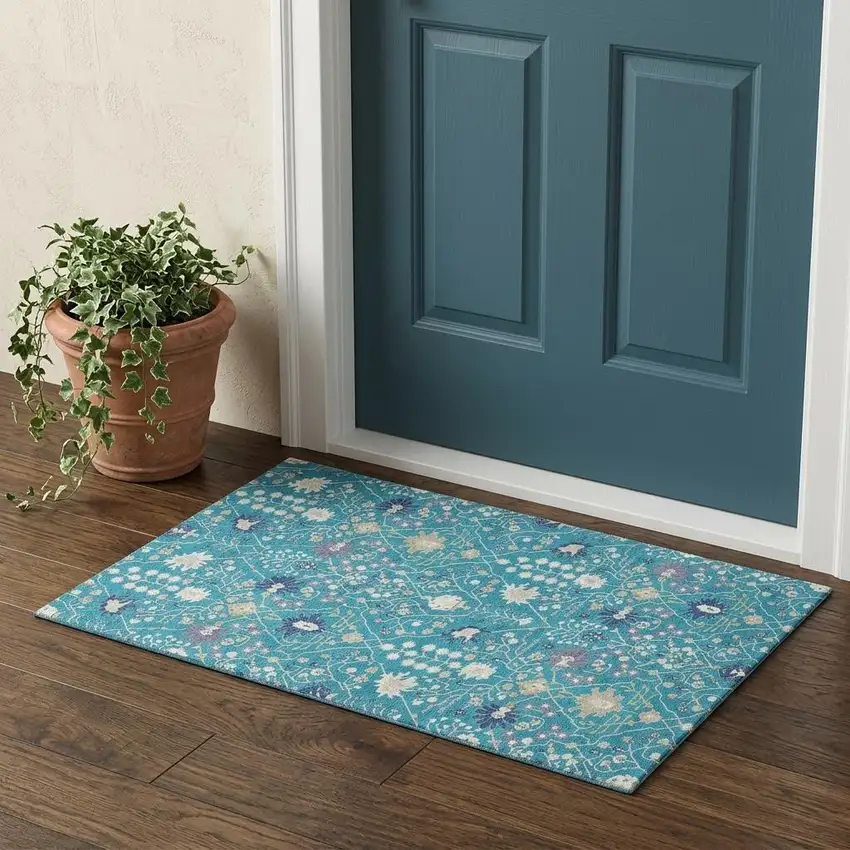 Teal Purple And Ivory Oriental Washable Area Rug With UV Protection Photo 1