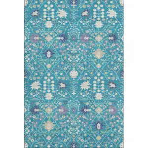 Photo of Teal Purple And Ivory Oriental Washable Area Rug With UV Protection