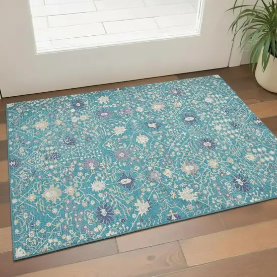 Teal Purple And Ivory Oriental Washable Area Rug With UV Protection Photo 2