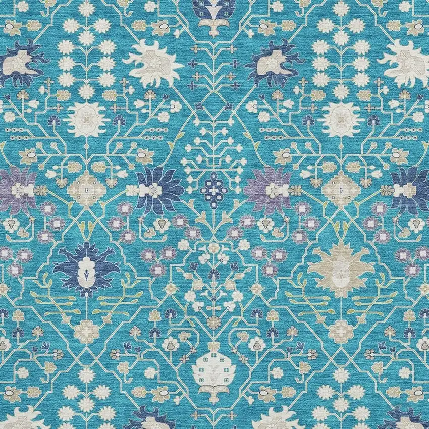 Teal Purple And Ivory Oriental Washable Area Rug With UV Protection Photo 3