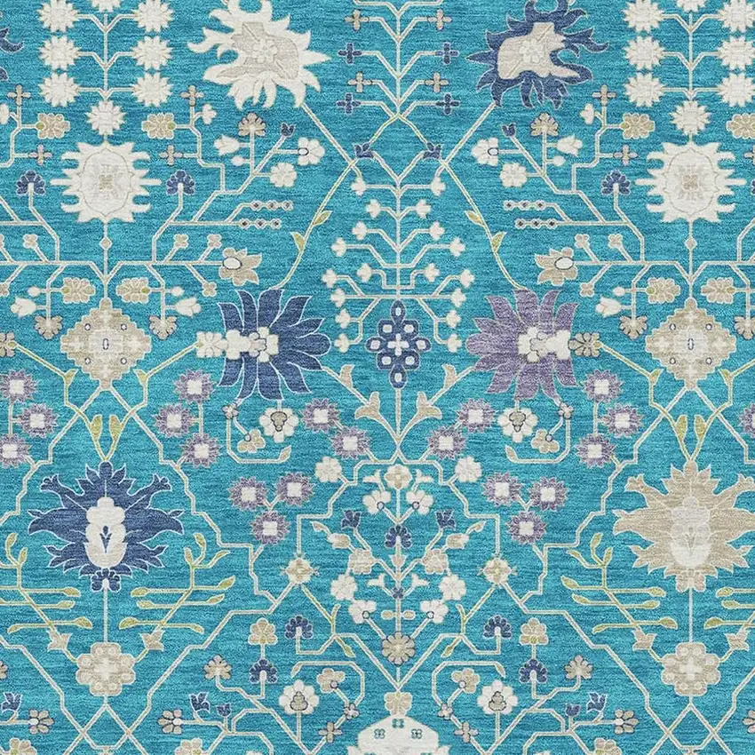 Teal Purple And Ivory Oriental Washable Area Rug With UV Protection Photo 2