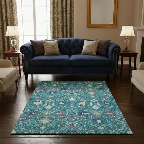 Teal Purple And Ivory Oriental Washable Area Rug With UV Protection Photo 2