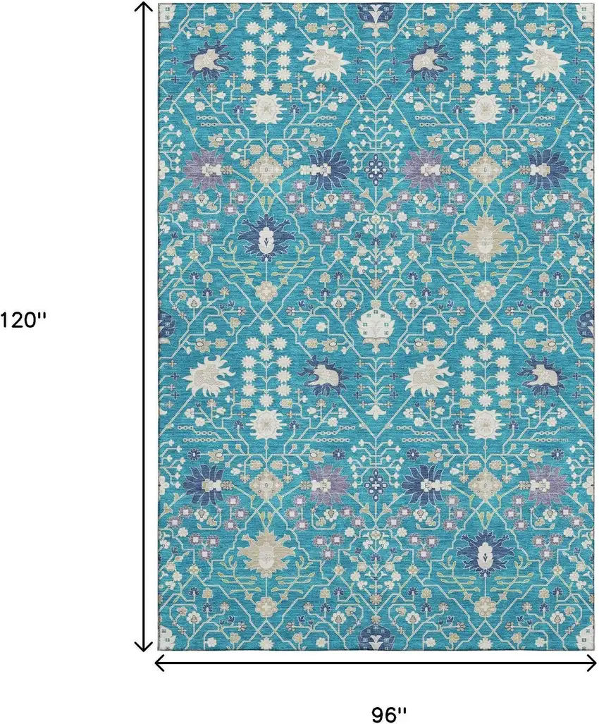 Teal Purple And Ivory Oriental Washable Area Rug With UV Protection Photo 8