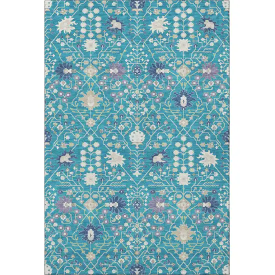 Teal Purple And Ivory Oriental Washable Area Rug With UV Protection Photo 3