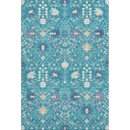 Teal Purple And Ivory Oriental Washable Area Rug With UV Protection Photo 1