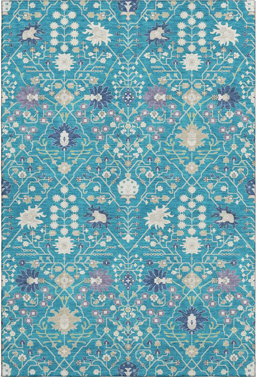 Teal Purple And Ivory Oriental Washable Area Rug With UV Protection Photo 1