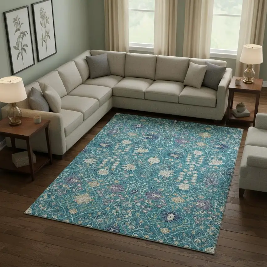 Teal Purple And Ivory Oriental Washable Area Rug With UV Protection Photo 2