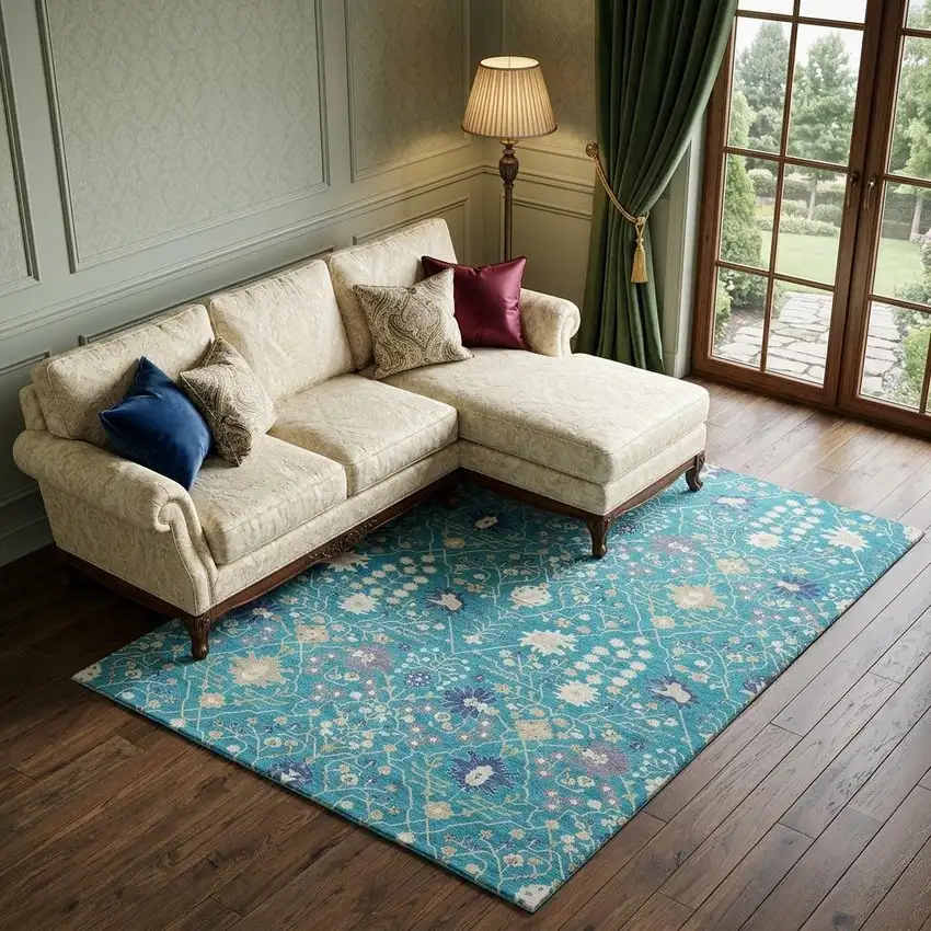 Teal Purple And Ivory Oriental Washable Area Rug With UV Protection Photo 1