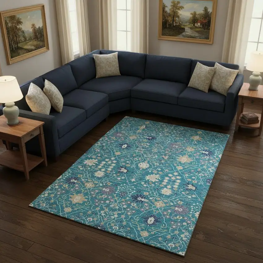 Teal Purple And Ivory Oriental Washable Area Rug With UV Protection Photo 2