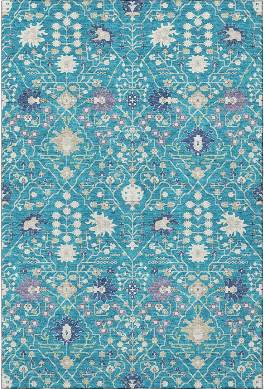 Teal Purple And Ivory Oriental Washable Area Rug With UV Protection Photo 3